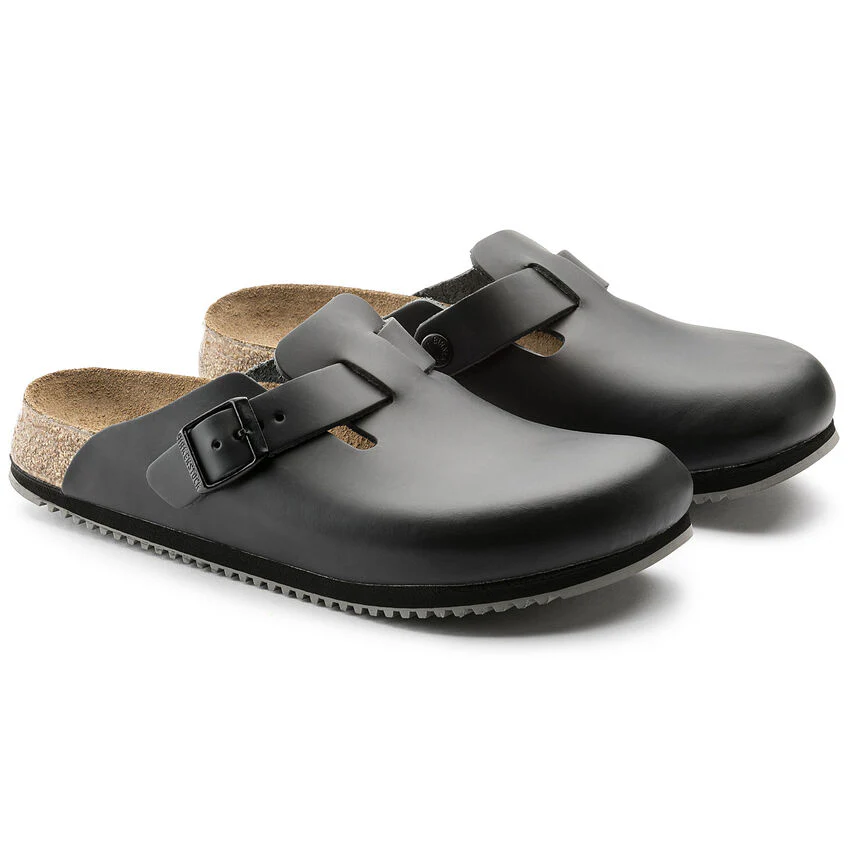 Birkenstock Boston Leather Super Grip Classic Footbed Clog in Black - Image 6